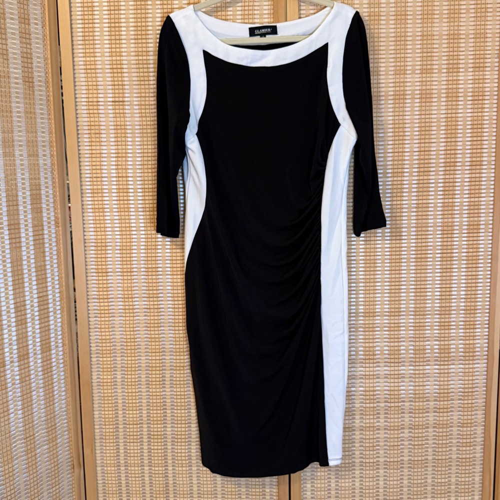 Glamour Black White Colorblock Ruched Sheath Dress Size 14 3/4 Sleeve Office